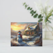 Gezellig Kersthuisje & Sneeuwman | winter Uitnodiging Briefkaart (Staand voorkant)