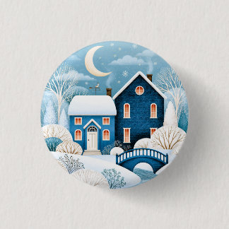Gezellig Maanlicht Winterdorp Sneeuwig Cottage Ronde Button 3,2 Cm
