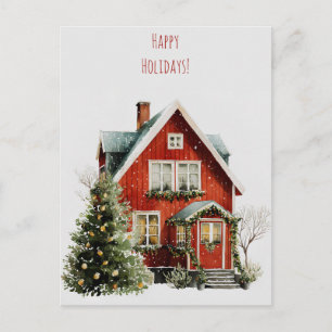 Gezellig rood huis met feestelijke decoraties feestdagenkaart