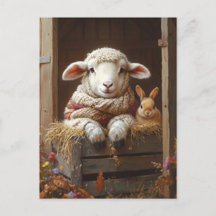 Gezellig Schaap en Konijn in Schuur met Bloemen Feestdagenkaart
