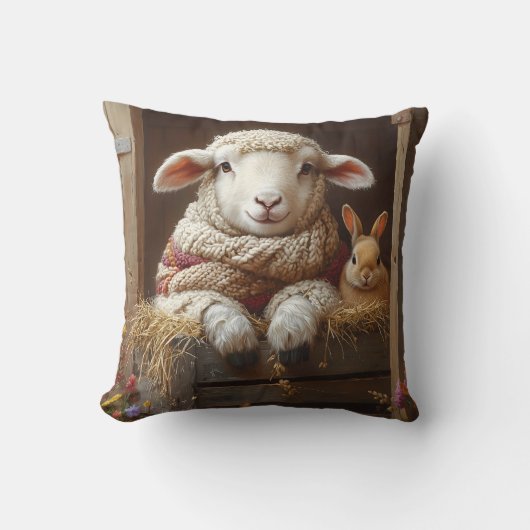 Gezellig Schaap en Konijn in Schuur met Bloemen Kussen (Voorkant)
