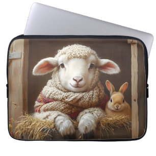 Gezellig Schaap en Konijn in Schuur met Bloemen Laptop Sleeve