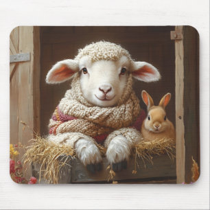 Gezellig Schaap en Konijn in Schuur met Bloemen Muismat