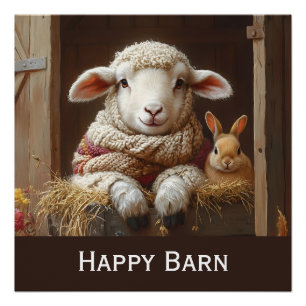 Gezellig Schaap en Konijn in Schuur met Bloemen Perfect Poster