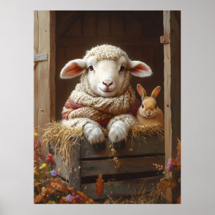 Gezellig Schaap en Konijn in Schuur met Bloemen Poster