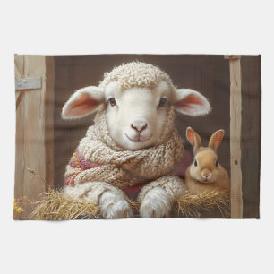 Gezellig Schaap en Konijn in Schuur met Bloemen Theedoek
