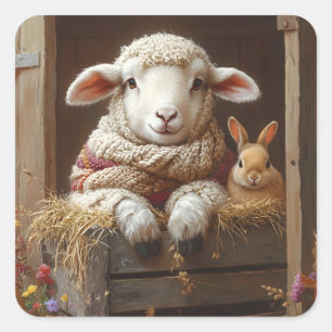 Gezellig Schaap en Konijn in Schuur met Bloemen Vierkante Sticker