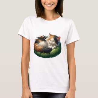 Gezellig Slapen Calico Kat op een Zacht Groen Kuss T-shirt
