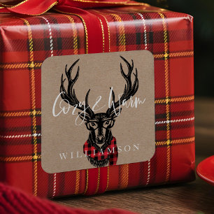 Gezellig & warm Red Buffalo Plaid rendierfamilie Vierkante Sticker
