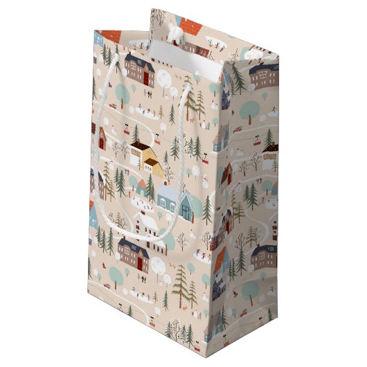 Gezellig Winter Village Scene Patroon Klein Cadeauzakje (Achterkant Gekanteld)