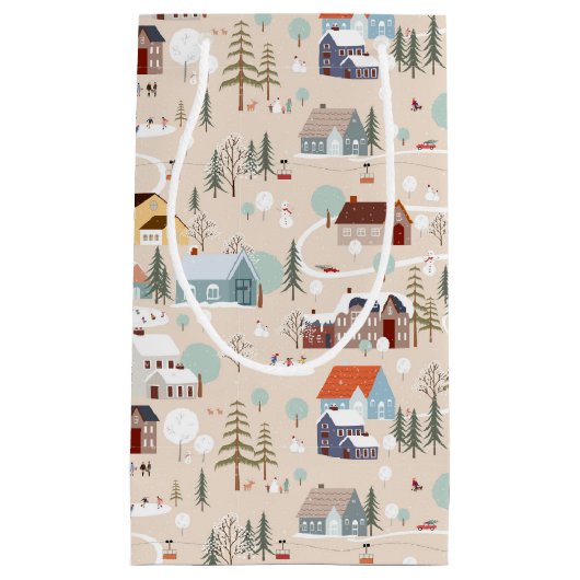 Gezellig Winter Village Scene Patroon Klein Cadeauzakje (Voorkant)