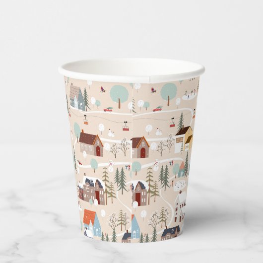 Gezellig Winter Village Scene Patroon Papieren Bekers (Rechts)