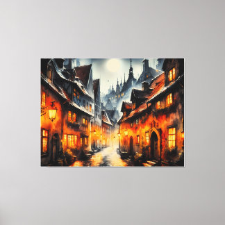 Gezellig Winterdorp Maanlichtstraat - Warme Olie P Canvas Afdruk