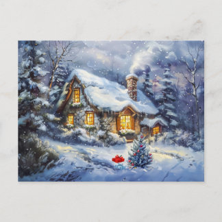 Gezellig winterhuisje met kerstboom briefkaart