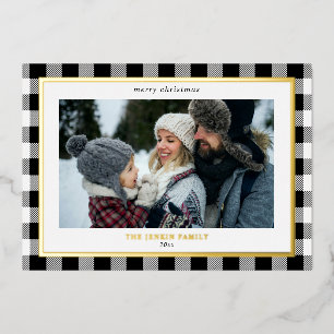 Gezellig Wit Zwart Plaid Border 3 Foto's Kerstmis Folie Feestdagenkaart