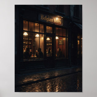 Gezellige Belgische herberg op regenachtige nacht Poster