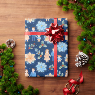 Gezellige Blauwe Aquarel Familie Kerst Florale TMF Cadeaupapier