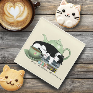 Gezellige Boeken Kat Smoking Theekopje Schattig Gr Glazen Onderzetter