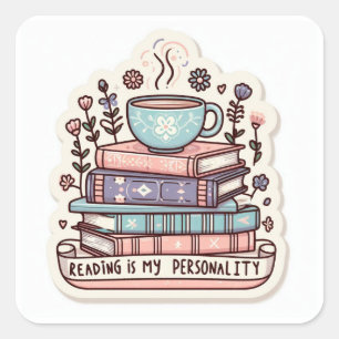 Gezellige Boekenstapel & Koffie Sticker - Lezen Is