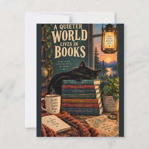 Gezellige Boekhoek Illustratie met Slapende Kat en Notitiekaartje