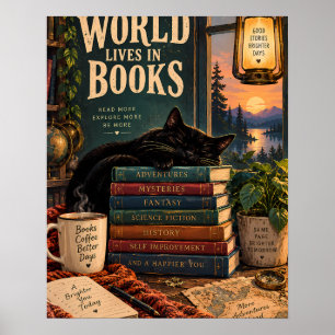 Gezellige Boekhoek Illustratie met Slapende Kat en Poster