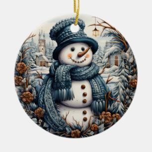 Gezellige Borduurwerk Sneeuwman Kerstmis – Vakanti Keramisch Ornament