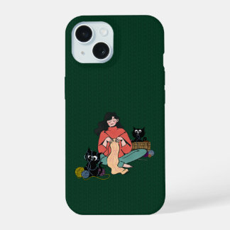 Gezellige Breiende Vrouw met Zwarte Katten Hoesje iPhone 15 Hoesje
