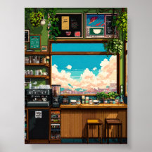 Gezellige Cafetaria Raam Pixelart