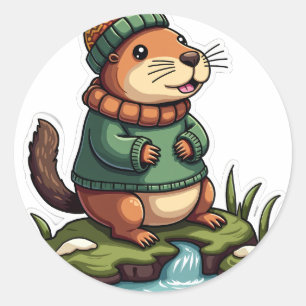Gezellige Capybara Winter Breiwerk Bosstroom Chill Ronde Sticker