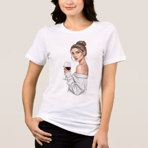 Gezellige chic vrouw in witte trui met wijn Tri-Blend shirt