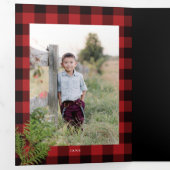 Gezellige chique rode geruite gouden Kerstmis foto Drieluik Uitnodiging (Binnenzijde eerst)