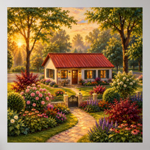 Gezellige Cottage Tuin bij Zonsondergang Olie Schi Poster