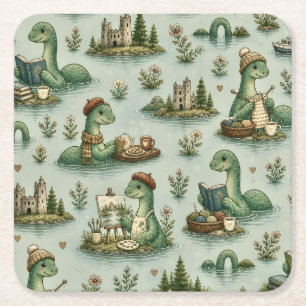 Gezellige Cryptiden Nessie Loch Ness Monster hobby Vierkante Kartonnen Onderzetter