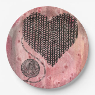 Gezellige Gebreide Garne Hart Pastel Roze Aquarel  Papieren Bordje