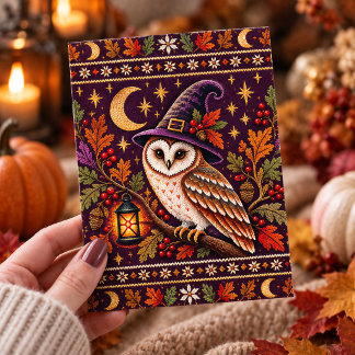 Gezellige Gebreide Heks Uil Halloween Herfst Kunst Briefkaart