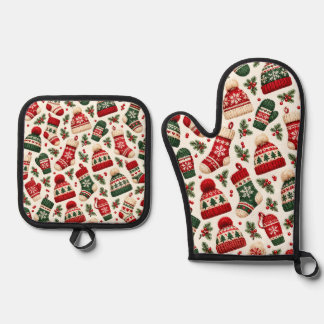 Gezellige Gebreide Kerstmutsen en Kousen Patroon Ovenwant & Pannenlap Set
