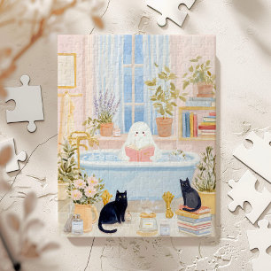 Gezellige Geest Leest in Bubbelbad met Zwarte Katt Legpuzzel