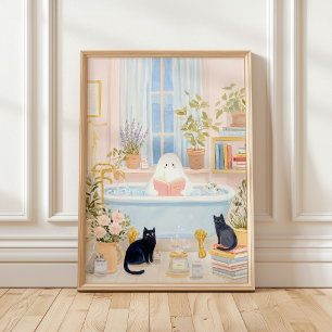 Gezellige Geest Leest in Bubbelbad met Zwarte Katt Poster