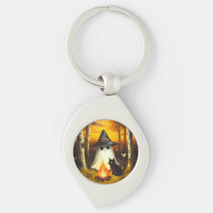 Gezellige Halloween Ghost & Black Cat Kampvuur Kun Sleutelhanger