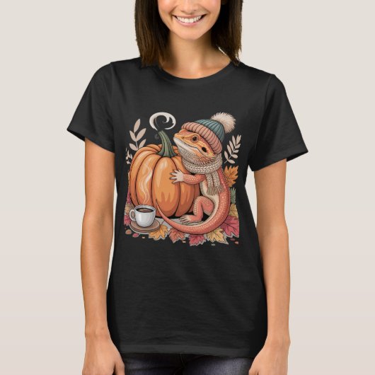 Gezellige Herfst Bearded Dragon met Coffee Art T-shirt (Voorkant)