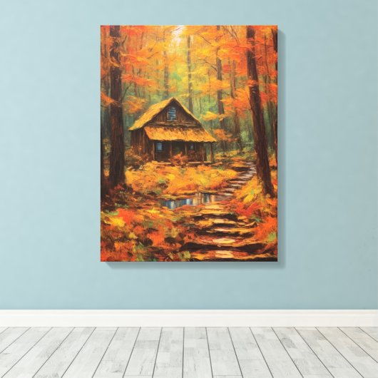 Gezellige herfst Cabin Retreat Fine Art Canvas Afdruk (Insitu (Houten vloer))