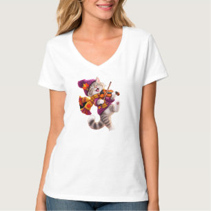 Gezellige herfst kat viool V-hals T-shirt voor vro