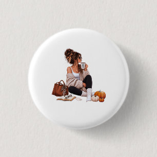 Gezellige Herfst Koffie Meisje Herfst Esthetische Ronde Button 3,2 Cm