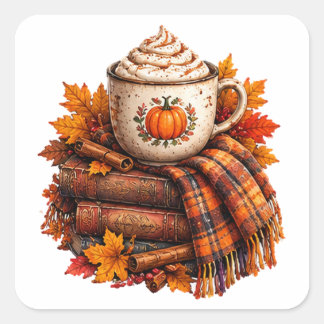 Gezellige herfst pompoen latte boeken ontwerp vierkante sticker