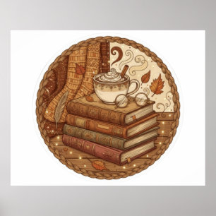 Gezellige herfstboeken en koffie-illustratie poster