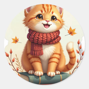 Gezellige herfstkat boek liefhebber oranje tabby ronde sticker