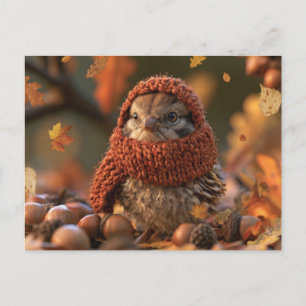 Gezellige herfstvogel in een gebreide sjaal briefkaart