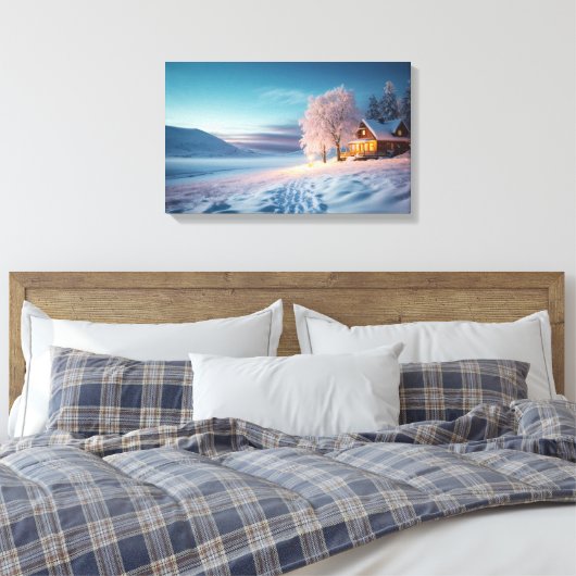Gezellige hut in de sprankelende sneeuw canvas afdruk (Insitu (Slaapkamer))
