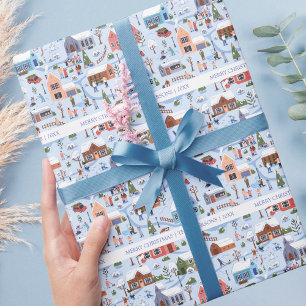 Gezellige Hygge Kerst Winter Dorp Familienaam Cadeaupapier