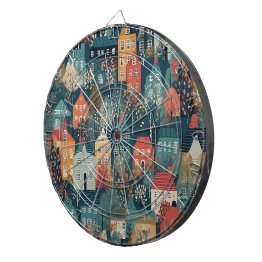 Gezellige Hygge Village Nordic Folk Art Dartbord (Voorkant Rechts)